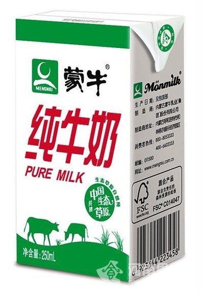 圖為蒙牛純牛奶250毫升裝（舊包裝）